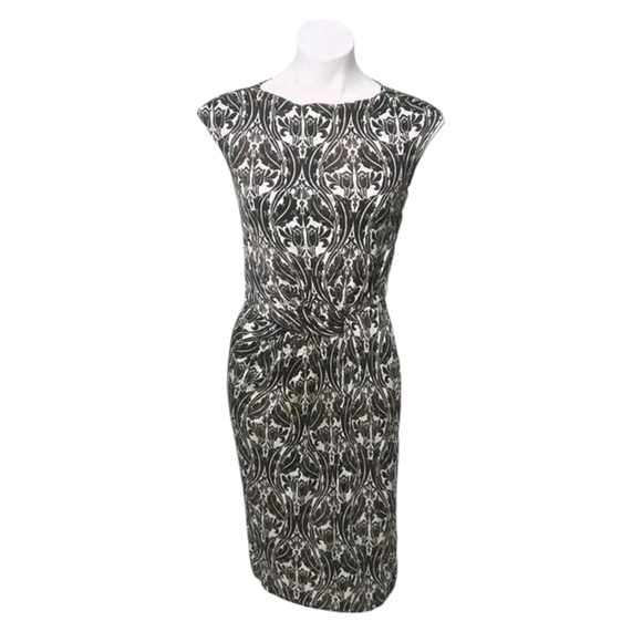 Tory Burch Odila Silk Faux Wrap Twisted Front Shift Dress Black White Brown XL Tory Burch Odila Silk Faux Wrap Twisted Front Shift Dress Black White Brown XL